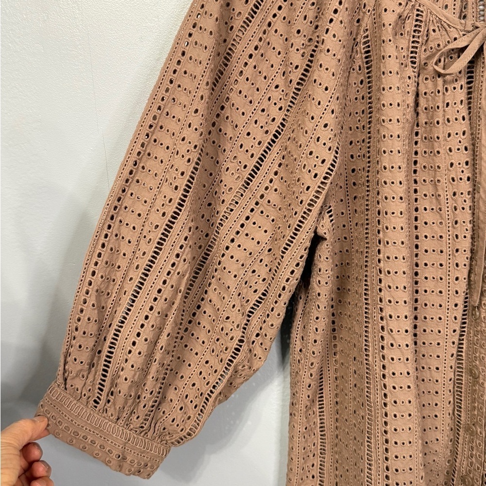 #10) Joie Cotton Tan/Brown Eyelet Blouse - Picture 3 of 7